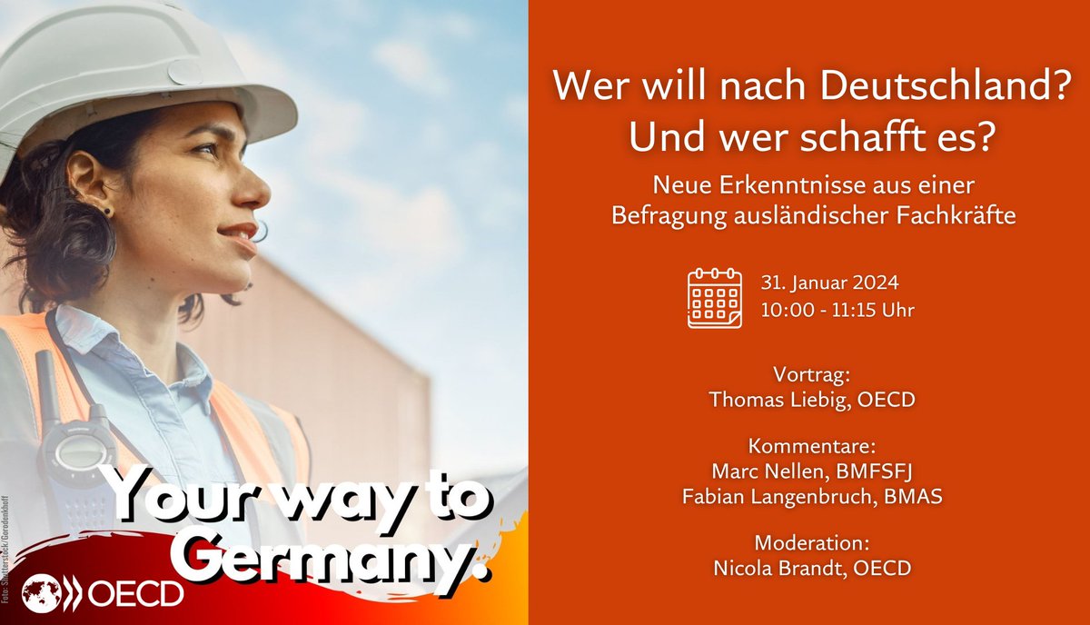 🇩🇪 wirbt um ausländische #Fachkräfte, aber unterstützt es die Hochqualifizierten auch ausreichend bei der Stellensuche und bei ihrer Ankunft in Deutschland? Eine OECD-Befragung liefert neue Erkenntnisse. Am 31.1. stellen wir sie vor. Digital dabei sein 👉 events.oecd-berlin.de/315?referrer=t…