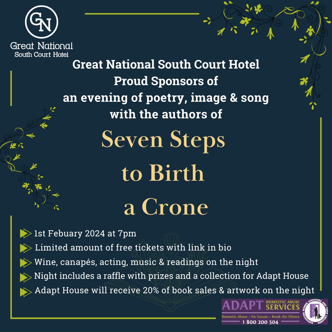 Check out this amazing event ' A Night of Poetry, Image & Song', hosted by the South Court Hotel, Info on tickets below, 20% of event sales donated to Adapt.  Thank you for your support.