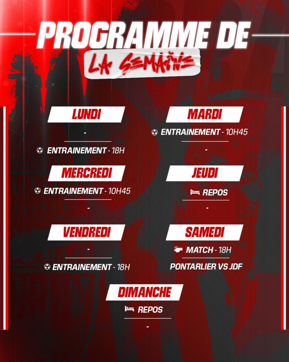 DoloisJura's tweet photo. 🗓 Découvrez la semaine de préparation de nos joueurs avant un déplacement à Pontarlier ce samedi à 18h ⚔️

#TeamJDF 🔴⚪️ https://t.co/FL06knPwBw