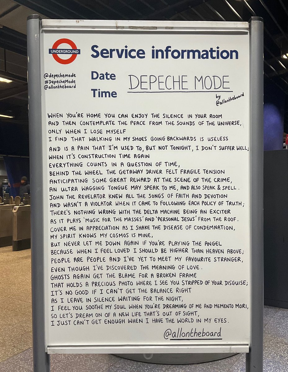 allontheboard's tweet photo. Depeche Mode are performing at The O2 in London for two nights. Have a fantastic time to everyone going to the concerts. The Depeche Mode poem by All On The Board is at North Greenwich station. 

#DepecheMode @depechemode @allontheboard #TheO2 https://t.co/NS25kNpmQJ