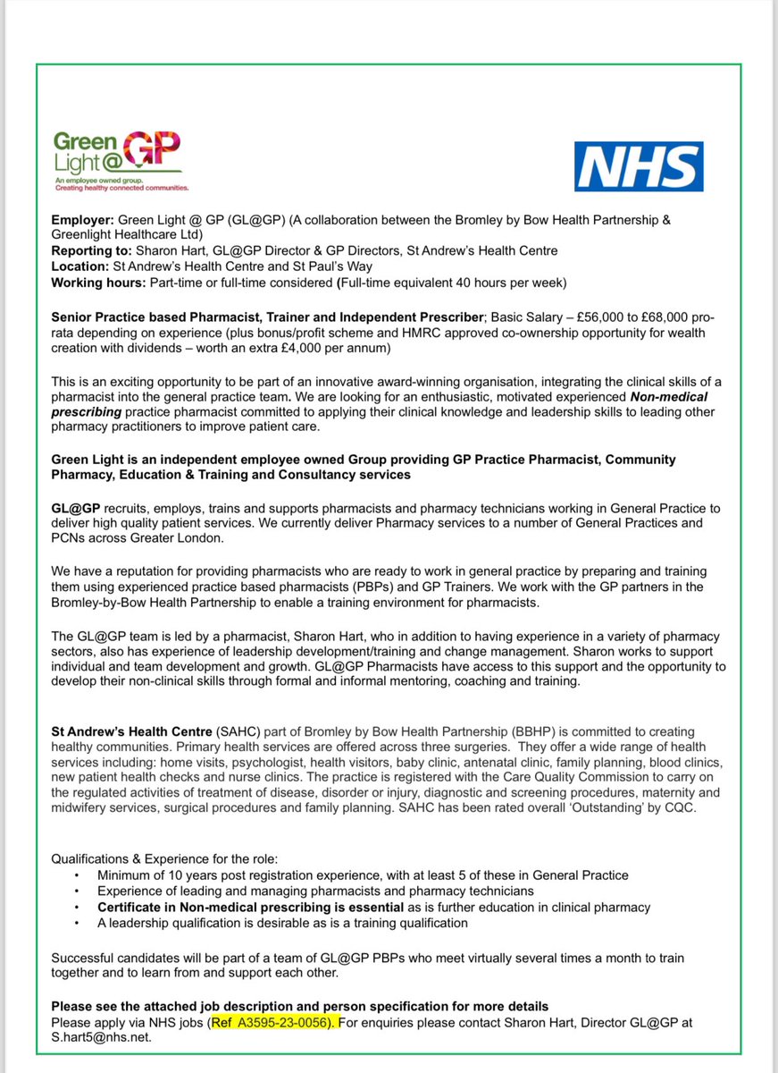 We are recruiting a senior practice based pharmacist for our flagship East London sites where they will be working with our partner @BBB_Health . Advert below: