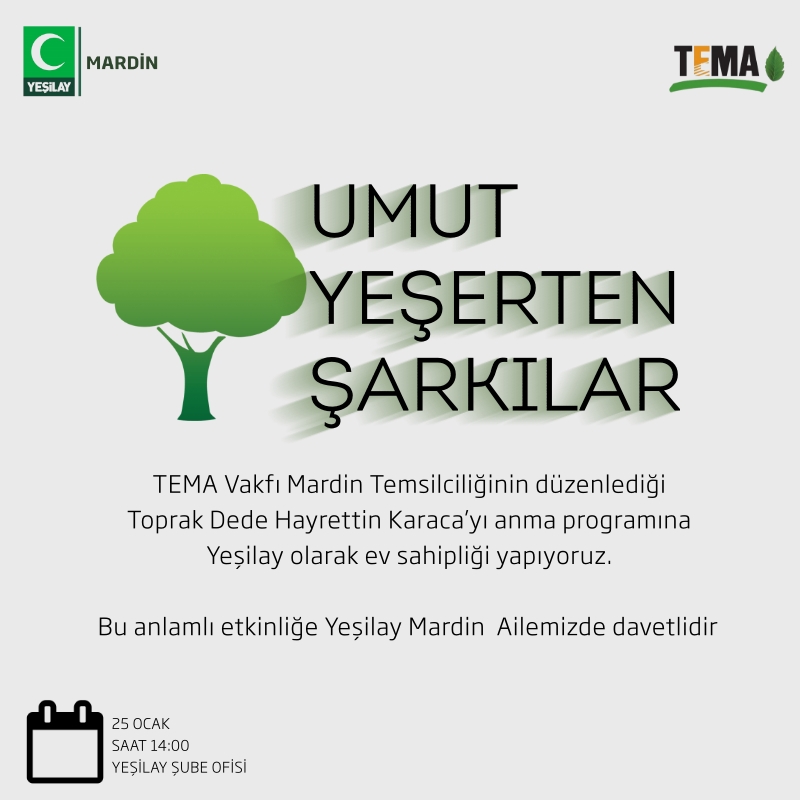 yesilaymardin's tweet photo. TEMA Vakfı Mardin Temsilciliğinin düzenlediği ;Toprak Dede Hayrettin Karaca’yı anma programına
Yeşilay olarak ev sahipliği yapıyoruz.
Bu anlamlı etkinliğe Yeşilay Ailemizde davetlidir
@AbdullahSONGUR_ 
@omerbabaogluu https://t.co/LJlSQICugp