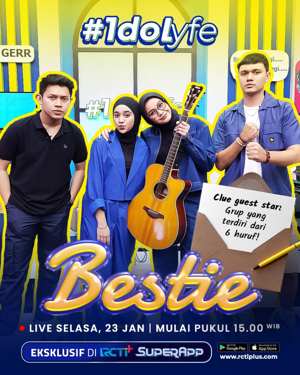 RCTIPlus's tweet photo. Jangan lewatkan keseruan Bestie kita ya di IDOLYFE!

Selasa, 23 Januari 2024
LIVE pukul 15.00 WIB
Eksklusif di RCTI+ Superapp

#rctiplussuperapp #idolyfe #idolyferctiplus #idolyfepanaroma #nyomanpaul #nabilataqiyyah #ronyparulian #salmasalsabil https://t.co/hiBhctxkGS