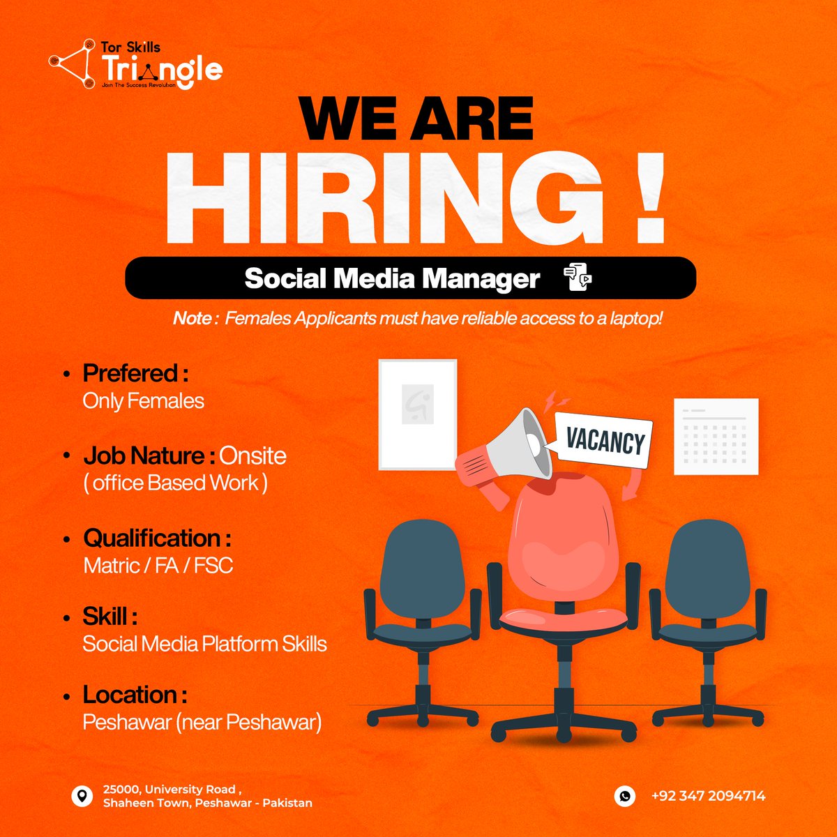 SkillsTor's tweet photo. "**Exciting Career Opportunity: Female Social Media Manager Wanted!**

#HiringNow
#SocialMediaJobs
#CareerOpportunity
#PeshawarJobs
#FemaleEmpowerment
#OfficeBased
#ApplyToday https://t.co/abrUn6BoH3