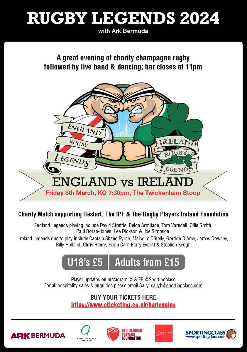 Tickets for the Legends Match are now on sale! Go to bit.ly/3U71Z8o to buy your tickets. If you would like to book hospitality, please email sallyb@sportingclass.com @Sportingclass @RugbyPlayersIRE @TheRugbyCharity @RestartRugby