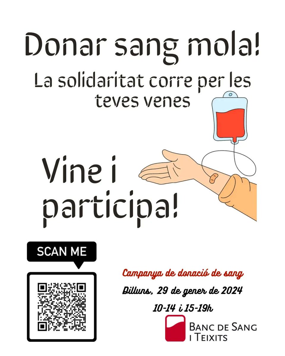 VIDALIBARRAQUER's tweet photo. 🟩 L'alumnat del CFGS d'atenció a persones en situació de dependència està preparant la campanya de donació de sang 2024:
📆 Dilluns 29 de gener
🕑 De 10h a 14h i de 15h a 19h
📍 Capella de l'institut
👉🏻 Per inscriure-us escanegeu el QR i ompliu el formulari. https://t.co/AQVZpG3WUS