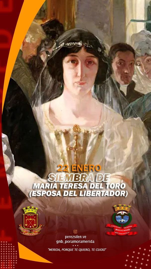 El #22ENE de 1803 muere en Caracas María Teresa del Toro, fue una mujer española, conocida por haber sido la única esposa del Libertador Simón Bolívar. Tras solo dos años de noviazgo y ocho meses de matrimonio, murió de fiebre amarilla a los 21 años.