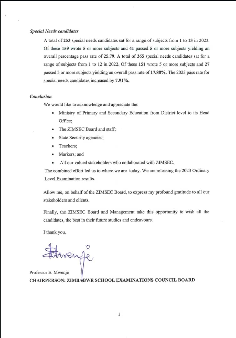 ZIMSEC Ordinary level results have been released. The 2023 candidates achieved an overall pass rate of 29.41%. The results portal will be open at 1500hrs through zimsec.co.zw. To access the correct results database click on the province where your school is located.