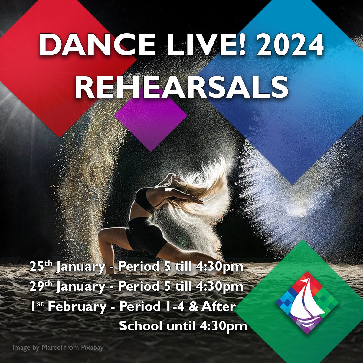 Here are the rehearsal dates for our Dance Live! 2024 students. 💃🕺

25 January - period 5 till 4:30pm
29 January - period 5 till 4:30pm
1 February- periods 1-4 and after school till 4:30pm

 #performingarts #excited