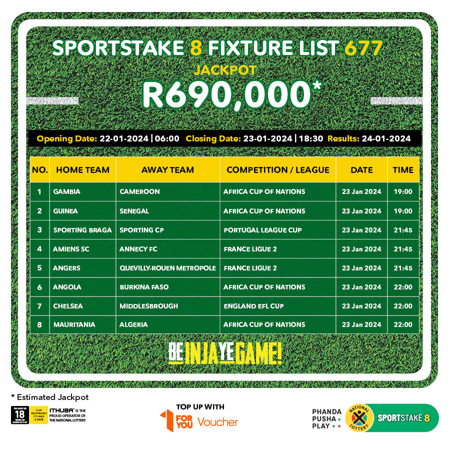 Showcase your DISKI skills & play #SPORTSTAKE8 Fixture List 677 for an estimated jackpot of R690,000. The fixture list closes Tuesday @18:30. Play #SPORTSTAKE games on nationallottery.co.za and you could win BIG DISKI jackpots!