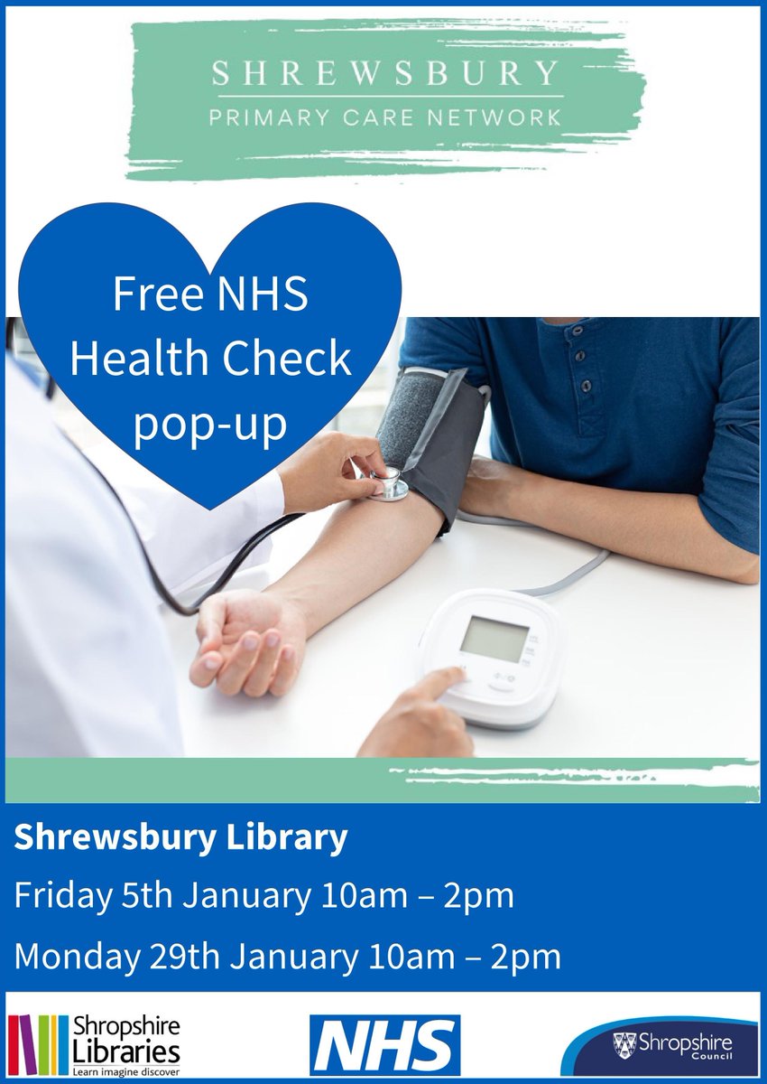 Shrewsbury Primary Care Network will be running 2 pop-up health check clinics here this month. Come in and get the once over.