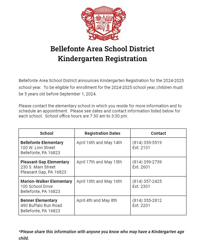 Upcoming Kindergarten registration dates have been set for the 2024-2025 school year! Incoming kindergarten students must be 5 years old before September 1st to qualify.