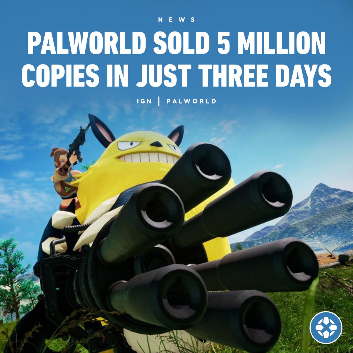 IGN's tweet photo. Palworld’s astonishing success swelled over the weekend, with the "Pokémon with guns" survival and crafting game shooting up Steam’s most-played games list and selling 5 million copies. https://t.co/eK9Z41mRVJ https://t.co/zHZdihXaDd