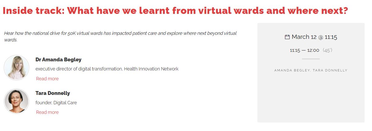 🔈#Rewired24 session announcement🔈

Inside track: What have we learnt from virtual wards and where next? On day one, Digital Transformation Stage.

With <a href="/amanda_begley/">amanda begley (she/her)</a>, @HINSouthLondonk, and <a href="/tara_donnelly1/">Tara Donnelly</a>, <a href="/DigitalCareNENC/">Digital Care - North East and North Cumbria</a>.

FULL SESSION👇 digitalhealthrewired.com/class/inside-t…