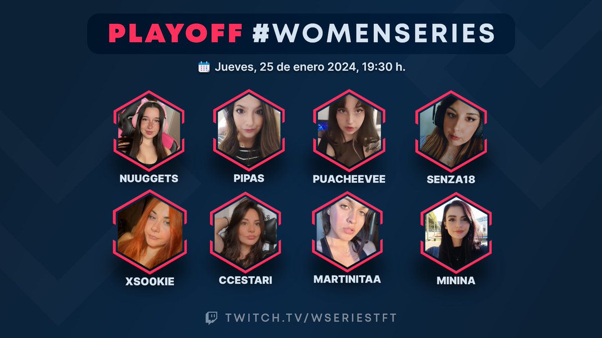 Sí, este jueves se juega el PLAYOFF FINAL de #WomenSeriesTFT 🏆 Se viene... 👀

Jugadoras ➡️ <a href="/nuuggets_/">Nuria⚡️</a> <a href="/PipasTFT/">Pipas</a> <a href="/PaulaRuiz17/">puacheevee</a> <a href="/Marilo_psicosex/">Mariló | Psicóloga</a> <a href="/xso0kie/">Suĸita</a> @ClaCestari <a href="/MartinitaTFT/">Martinita 💕</a> <a href="/Minina_96/">😼 Minina 😼</a>  Let's go!! 🔥

¿Quién creéis que será la ganadora de la primera edición? 🤓