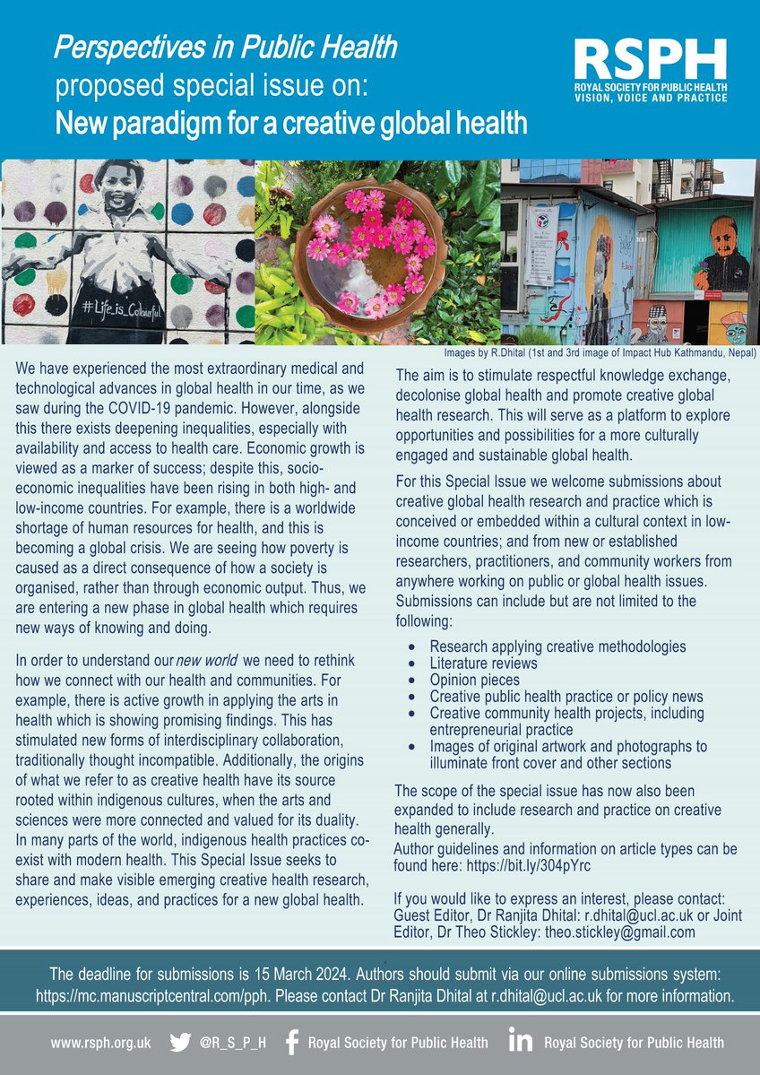 The scope of our Creative Global Health Special Issue has now been expanded to include research and practice on creative health generally! Guest Editor: @RanjitaDhital Joint Editor: @StickleyTheo Please see the below call for papers. Submission deadline: 15 March 2024