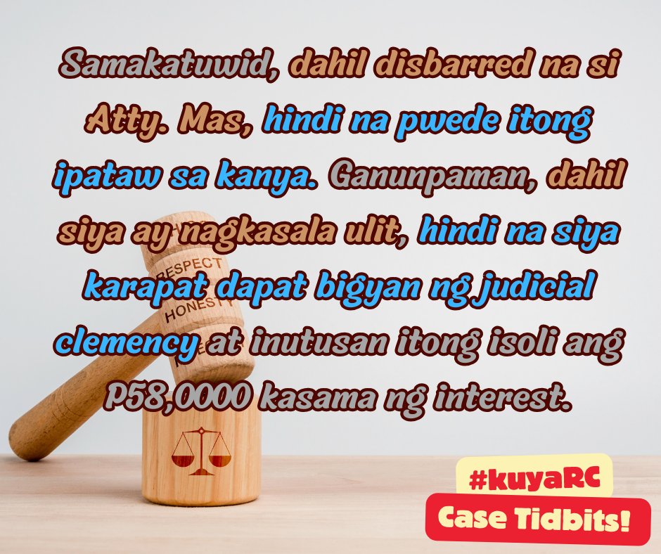 CPALawyerRCB's tweet photo. Office of the Provincial Prosecutor of Cavite vs. Atty. Leonuel N. Mas
A.C. No. 8219
J. Dimaampao

Pwede ba ulit madisbar ang isang disbarred na abogado? 🤔

#KuyaRC
#CaseTidbits
#BatasAtBayan https://t.co/9JVD272L42