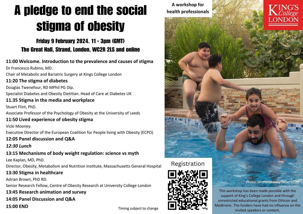 Endorsed workshop: 'A pledge to end the social stigma of obesity' February 9, London, UK Participation in the workshop is free and the event can be attended either in person in London (at KCL on the Strand) or remotely. More info: kcl.ac.uk/events/a-pledg…