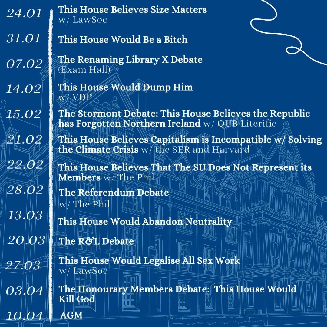 Very excited to present our Hilary Term Card! 

We have a debate every Wednesday at 7:30pm plus a few bonus ones so make sure to come along (and stick around for the free wine reception afterwards) 🌟

All our debates take place in the GMB in <a href="/tcddublin/">Trinity College Dublin</a> 
unless stated otherwise