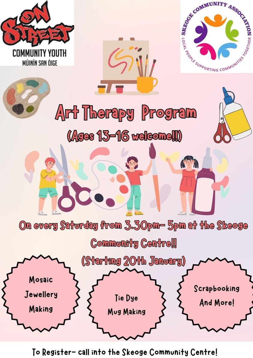 A new Teen Programme is taking place with On Street Community Youth! 📍 Skeoge Community Hub #Derry #Londonderry. Join us for Art Therapy sessions! 🎨🧑‍🎨 ⏰ Every Saturday from 3:30pm - 5pm. Call into Skeoge Community Hub to register. 📝