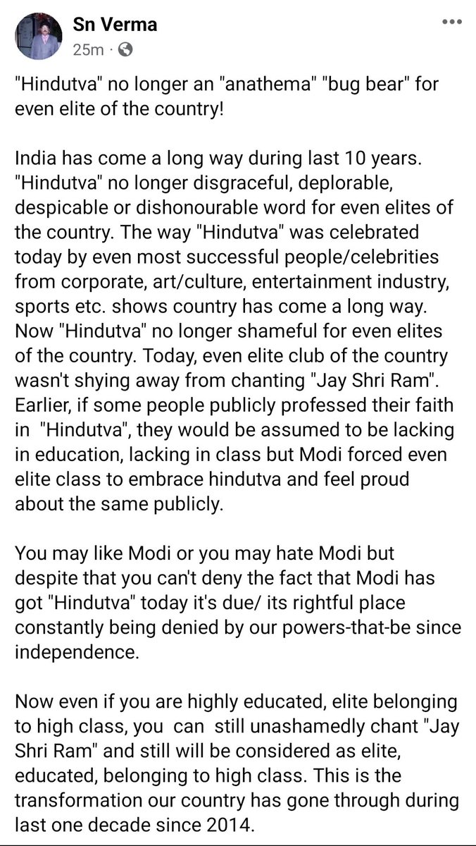 SN_VERMA's tweet photo. @mrsinha Hindutva no longer dishonourable word,even for elites.This is what @narendramodi hasdone @PMOIndia @swetasamadhiya @ajeetbharti @ajitanjum @abhisar_sharma @sakshijoshii @amitmalviya @AmitShah @AshokShrivasta6 @Bitt2DA @BJP4India @byadavbjp @Tathastuaryan @BeingMR_ @AsYouNotWish https://t.co/DmXzmUxlDT