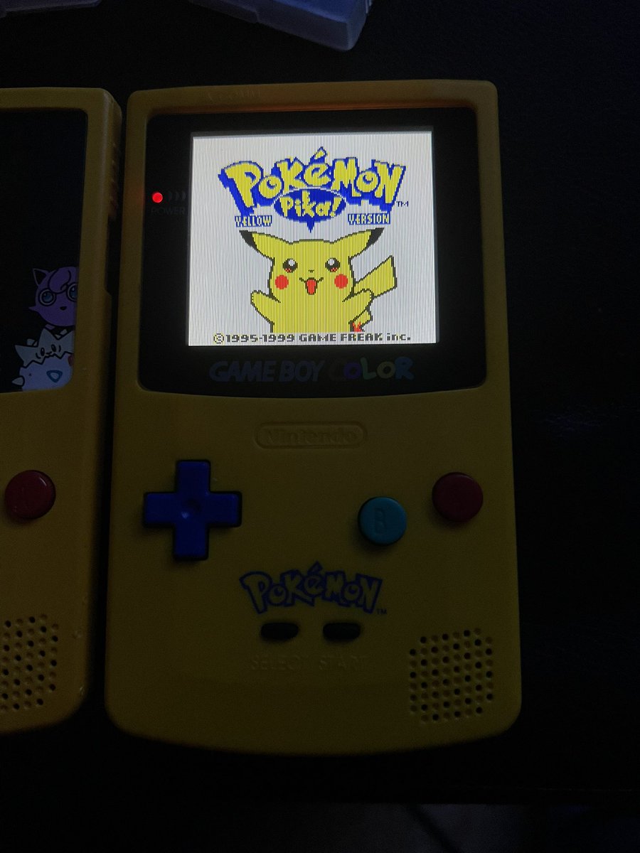 Blue_Angel_PR's tweet photo. Pokemon Time on OG Gameboy Color Pokemon Edition and a modified Gameboy Color with IPS Screen. #pokemon #gameboy #gameboycolor #pikachu #retrogaming #gameboycolorpokemonedition #gameroom #videogameroom https://t.co/QBCCsyZXxt