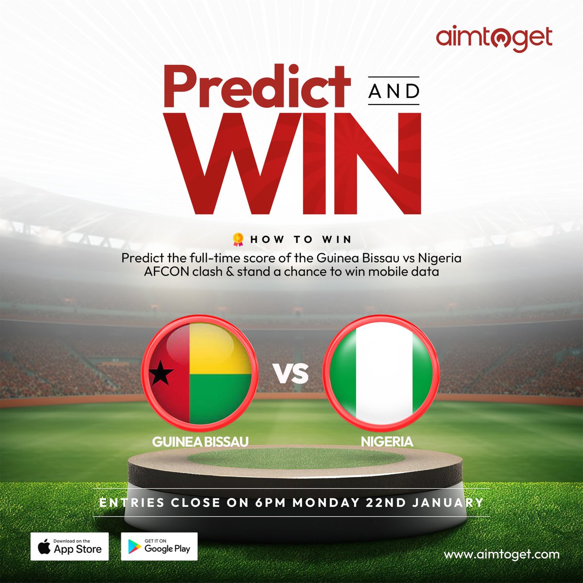myaimtoget's tweet image. AFCON Football Frenzy!⚽ 

Predict Guinea Bissau vs Nigeria &amp;amp; WIN mobile data! 

#AFCON #football #datatopup #Aimtoget