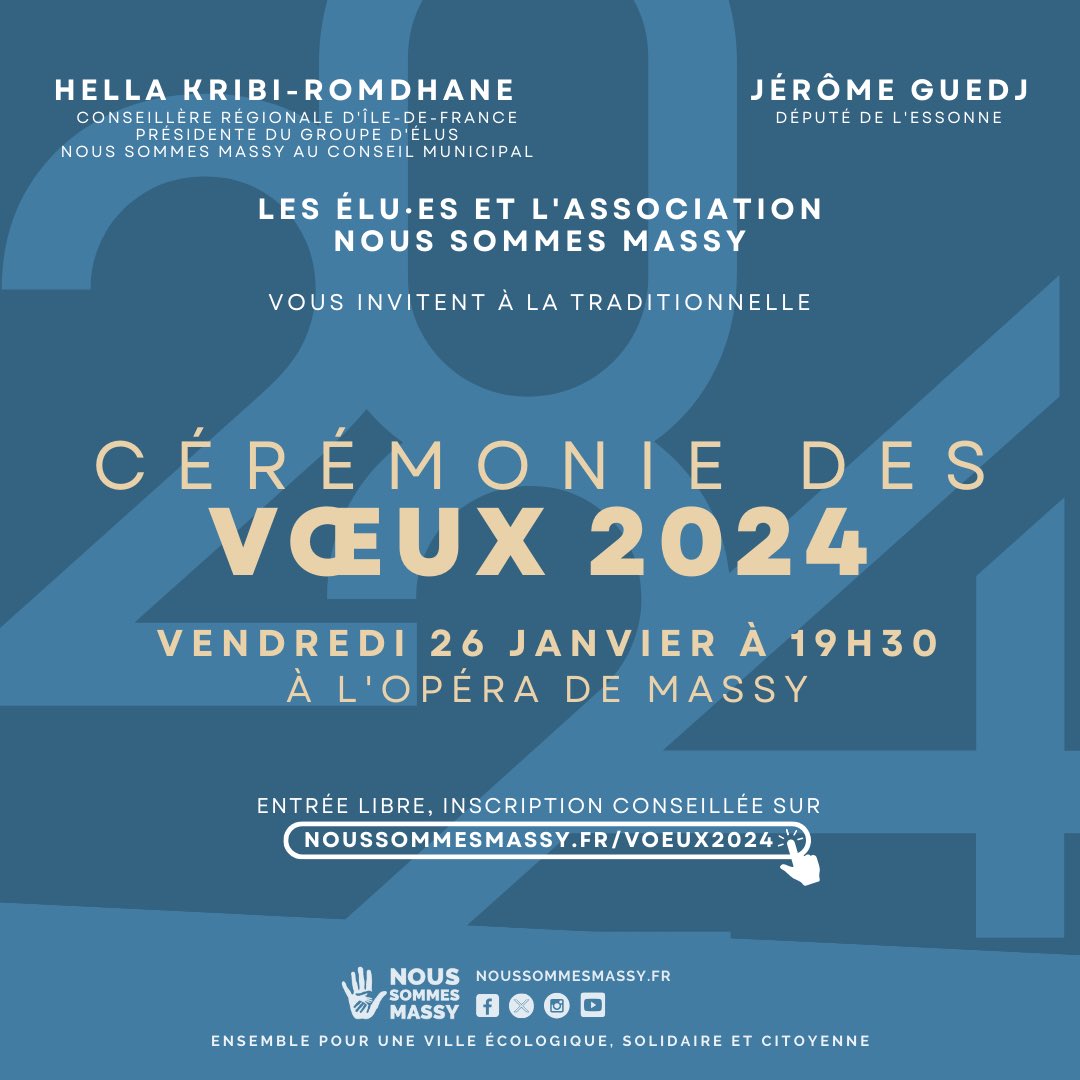 ✨ J-5 avant notre cérémonie des vœux 2024 ! 👉 Rendez-vous ce vendredi 26 janvier à 19h30 à l’Opéra de #Massy. 🔗 noussommesmassy.fr/voeux2024