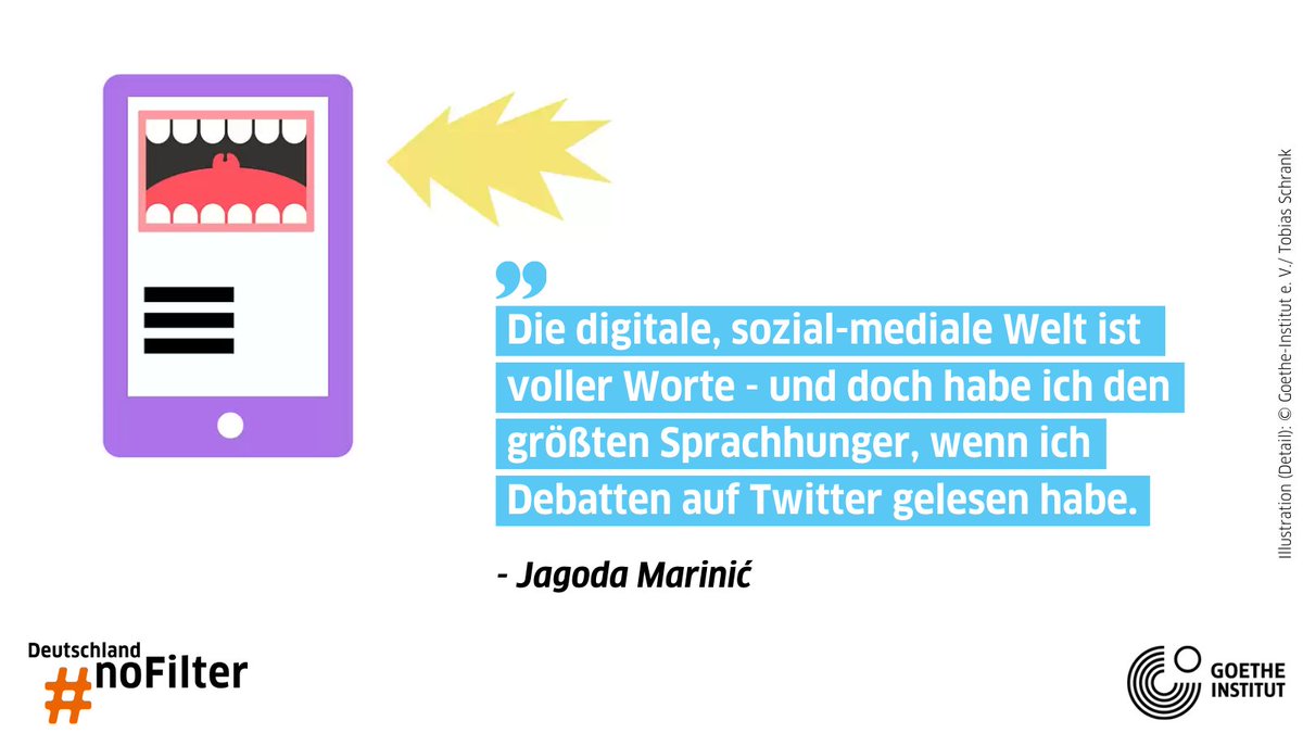 „Geschälte Realität in geschälter Sprache“: Das sind für unsere #Sprechstunde-Kolumnistin @jagodamarinic die sozialen Medien. Warum verursacht X heute Übersättigung und Hunger zugleich? Mehr dazu auf #DeutschlandNoFilter: goethe.de/prj/ger/de/ihr…