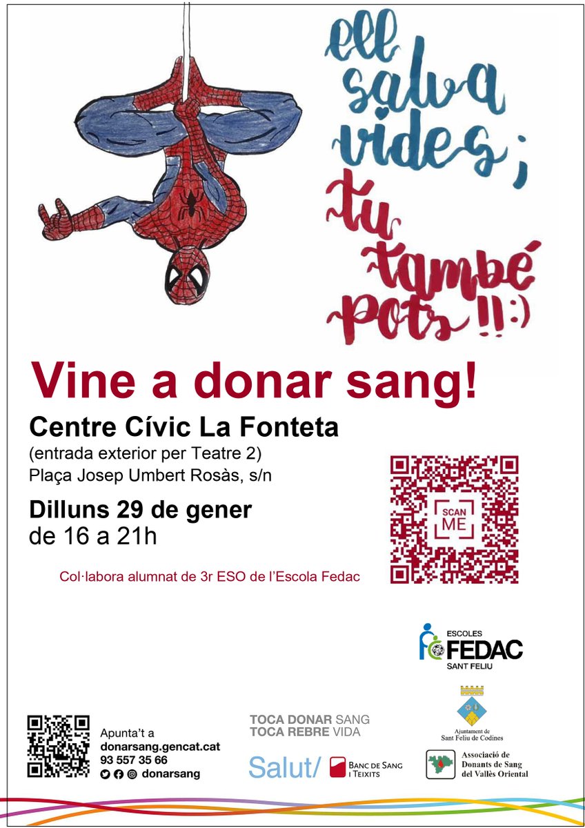 ⭕️ Cada dia calen més de 1.100 donacions de sang per dia

🩸 Vine a #SantFeliudeCodines

🗓 Dilluns 29 de gener 
📍Centre Cívic 
🕔 De 16 a 21h

✔️ Si tens entre 18 i 70 anys 
✔️ Peses + 50 kg 
✔️ Et trobes bé

✅ Apunta't a donarsang.gencat.cat

Col·labora <a href="/FEDACSantFeliu/">FEDAC Sant Feliu</a> ⬇️