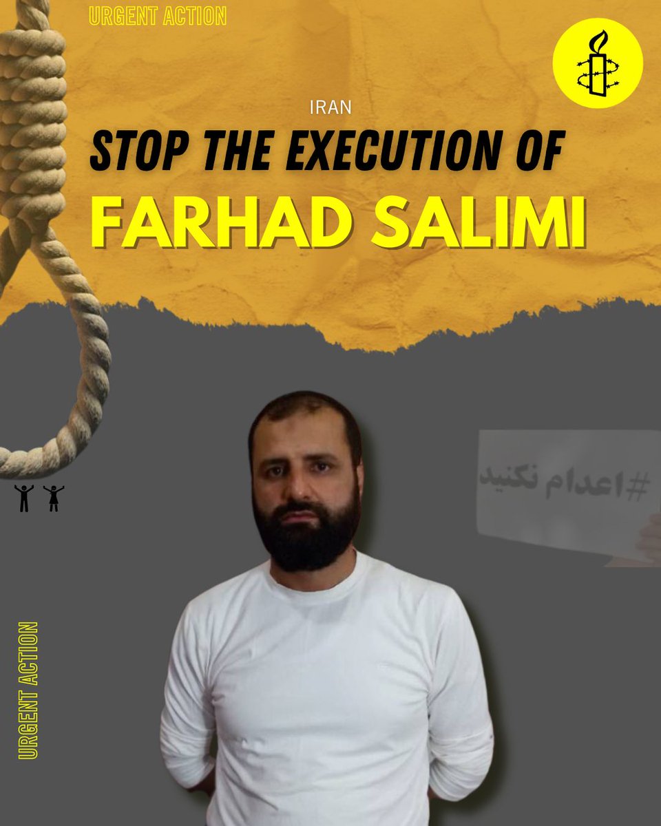 Tortured prisoner Farhad Salimi, from Iran’s Kurdish Sunni minority, faces imminent execution in Ghezel Hesar prison after transfer to solitary confinement yesterday. The authorities must stop his execution NOW. amnesty.org/en/documents/m…