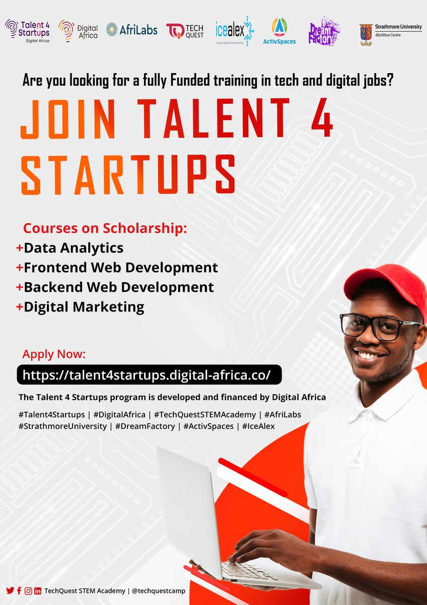 techquestcamp's tweet image. Learn a Tech Skill for FREE!

Apply ASAP: talent4startups.digital-africa.co

Space is limited!🔊

The Talent 4 Startups program is developed and financed by Digital Africa

#Talent4Startups | #DigitalAfrica | #TechQuestSTEMAcademy | #AfriLabs | @DigitalAfrica__