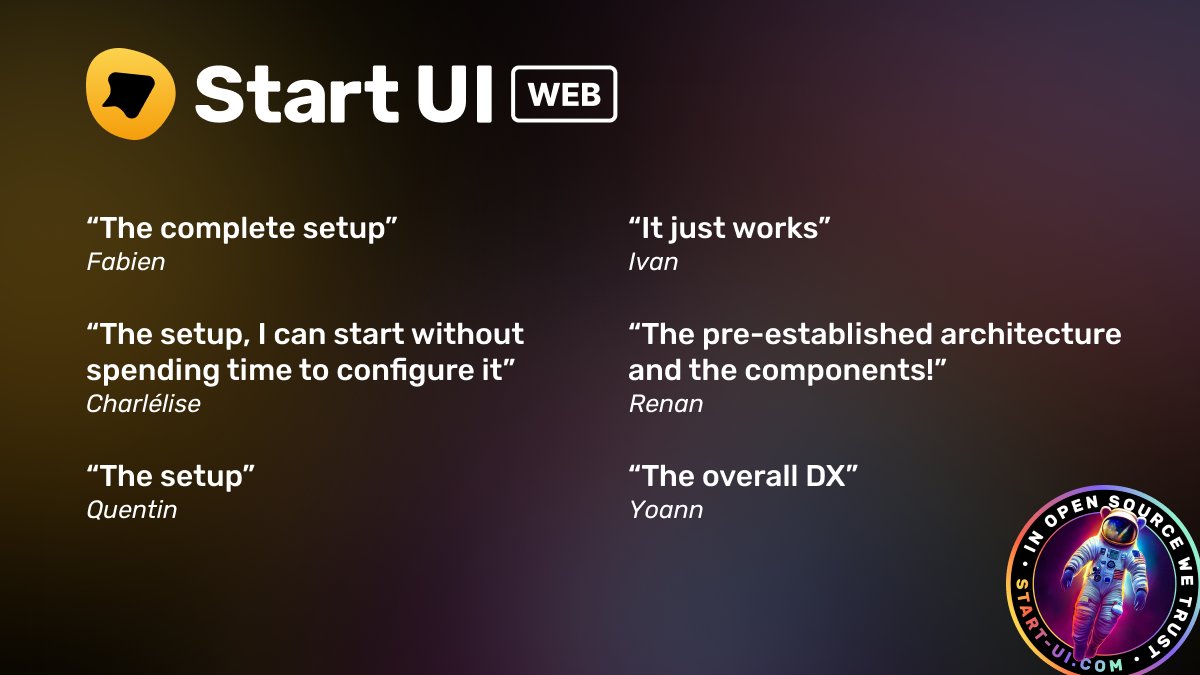 startui_'s tweet image. We asked the @_BearStudio developers what they like the most in 🚀 Start UI [web], here are some of their answers:

🚀 The setup, I can start without spending time to configure it
🚀 It just works
🚀 The pre-established architecture and the components!
🚀 The overall DX