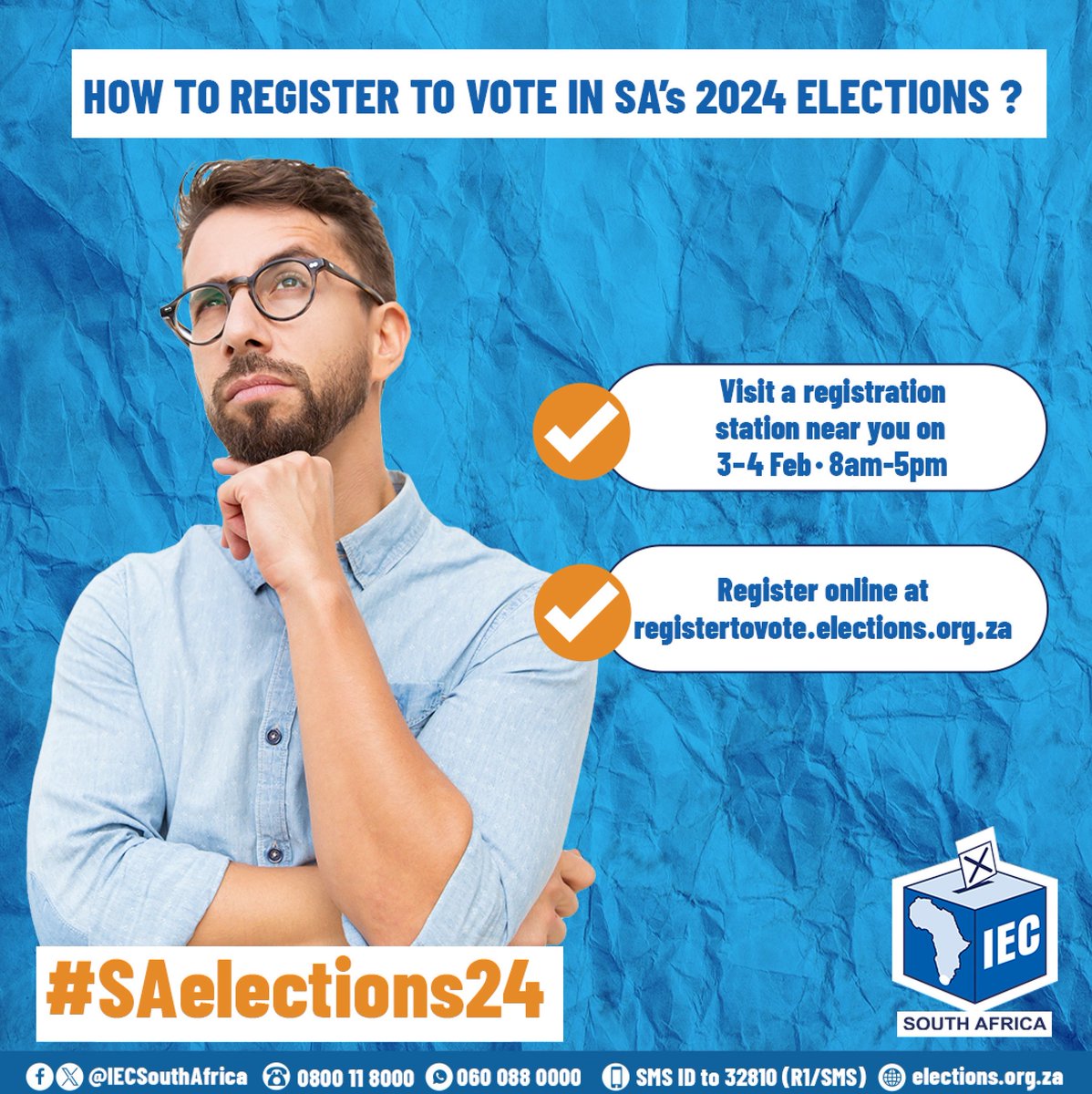 Ready to make your mark in #SAelections24? Register at a station near you on 3-4 February, 8am-5pm. Can't make it in person? Register online at registertovote.elections.org.za. Your democracy, own it! #RegisterToVote

Find your nearest station at maps.elections.org.za/vsfinder/