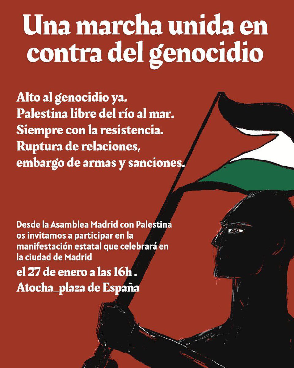 Las palestinas no vamos a dejar de luchar. Exigimos:
1- Una #PalestinaLibre #DelRioalMar
2- Ruptura de relaciones y sanciones al Régimen Colonial.
3- Apoyo a la Resistencia y su lucha armada (Res. 3070 ONU)
4- Retorno de los refugiados
#27EneroConPalestina 
¡Todas a Madrid!