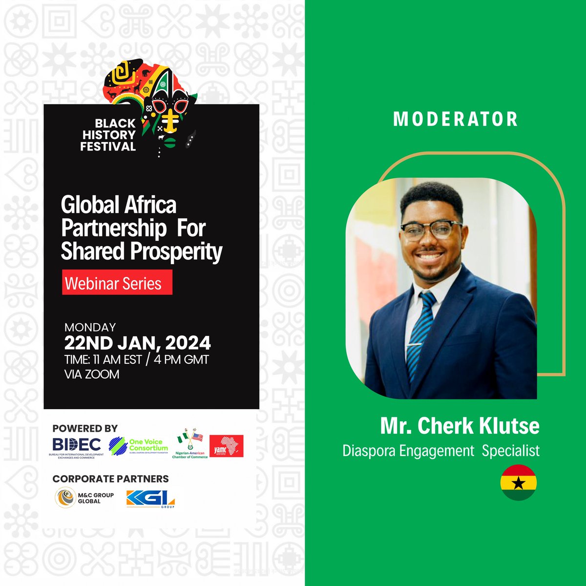BlackHistoryFe2's tweet image. We are pleased to introduce Mr. Cherk Klutse, Diaspora Engagement Specialist, as the moderator for the second edition of the Black History Festival webinar!

#BHFFWebinarSeries #ModeratorSpotlight #DiasporaEngagement