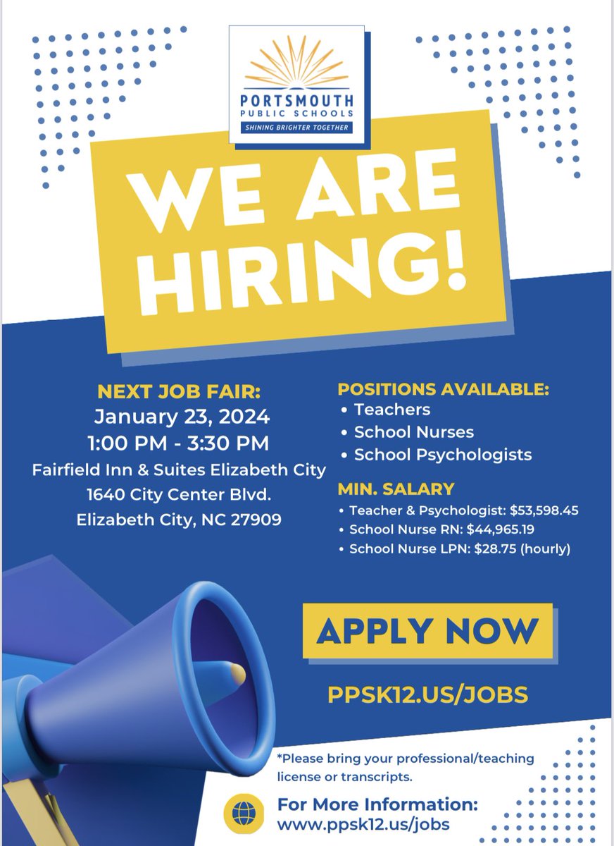 Teachers, nurses, school psychologists- see you tomorrow in Elizabeth City! Teacher pay starts at $54,000!!! Job offers on the spot for qualified candidates.