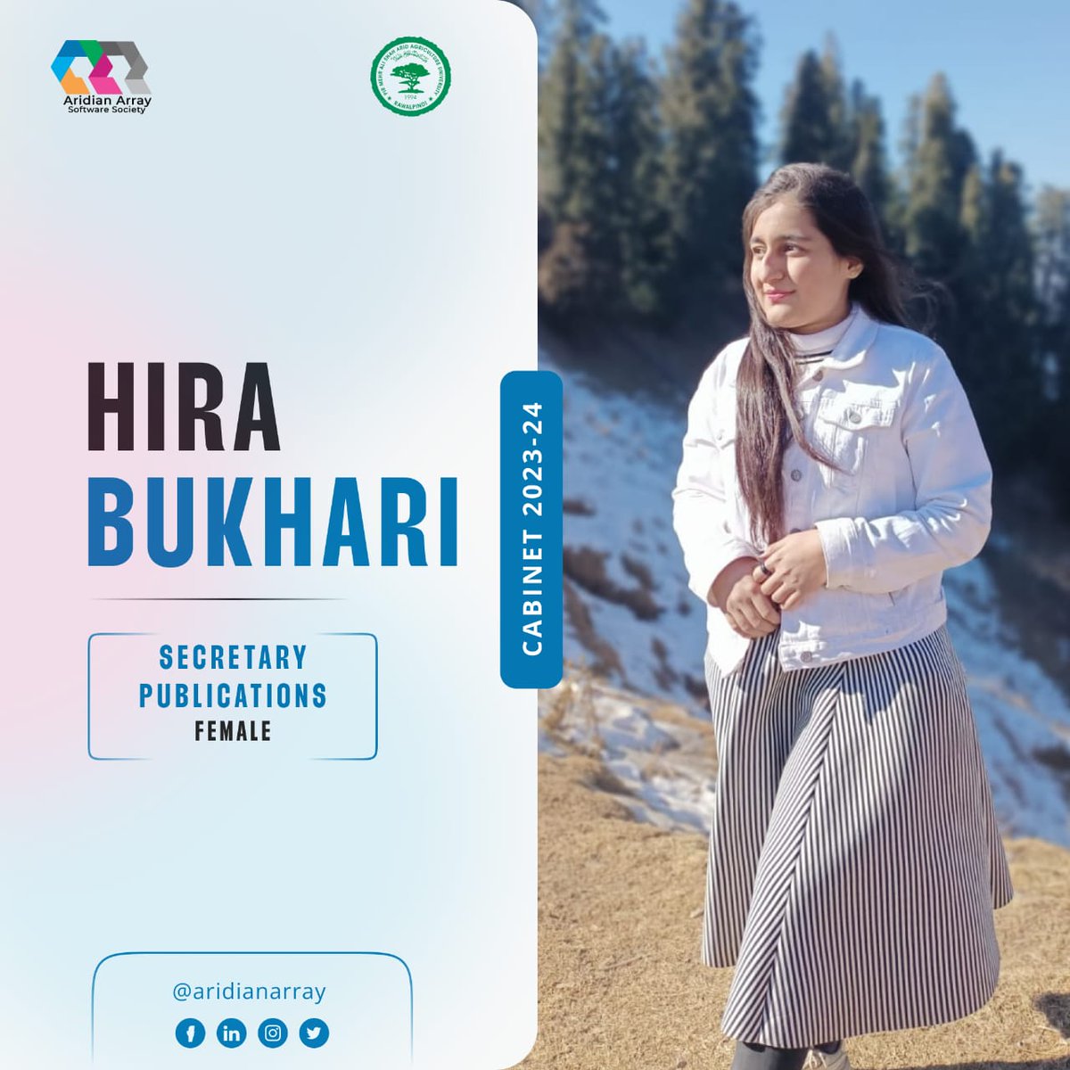 AridianArray's tweet photo. Hira Bukhari steps into the role of Secretary Publications(Female)! A New Member from BS Software Engineering 3rd semester,a laptop winner under the PMYP Laptop Scheme 2023.Hira ensures a year of captivating content that keeps aridian array's digital presence vibrant and exciting https://t.co/3GcJzEQIsT