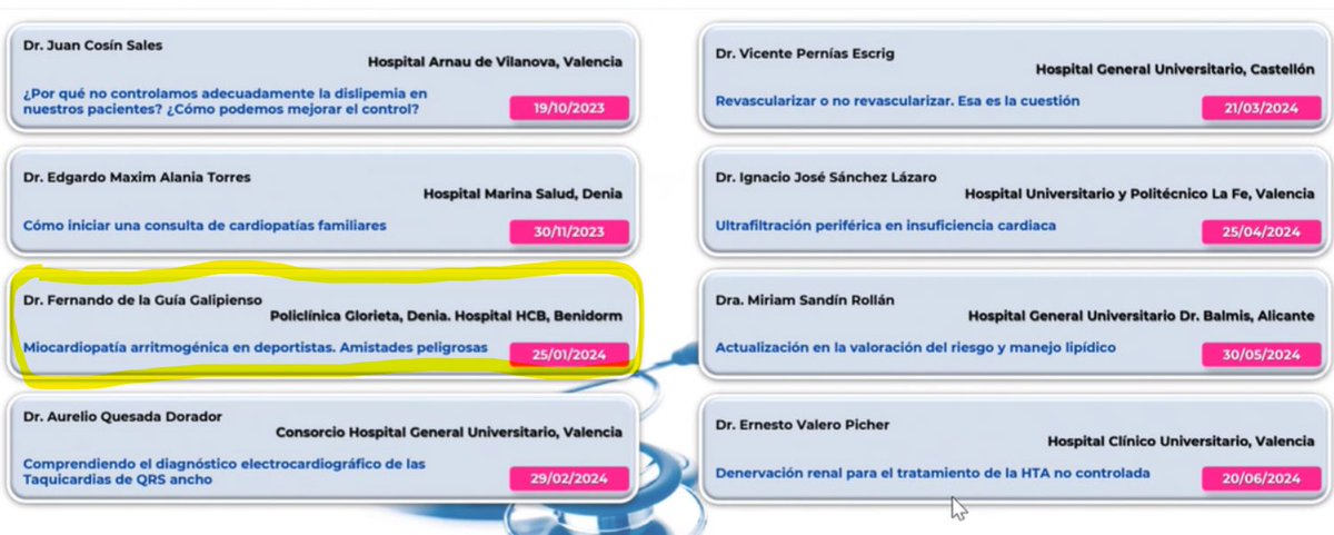 Este jueves 25 enero (8.15am) tendré el honor de impartir sesión online <a href="/SVCardio/">SVCardio</a> dentro del programa de formación continuada Latido 2.0. 
Tema: "Miocardiopatía Arritmogénica y Deporte. Amistades Peligrosas". 
Nos vemos #CardiologiaDeportiva
svcardio.org/latido-2-0