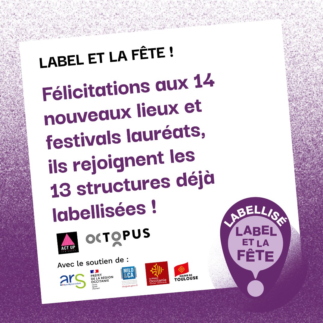 🎉 [ LABEL ET LA FÊTE ] !
 
Félicitations aux 14 nouveaux lieux et festivals lauréats, ils rejoignent les 13 structures déjà labellisées !  
#labeletlafete #federationoctopus #actupsudouest
