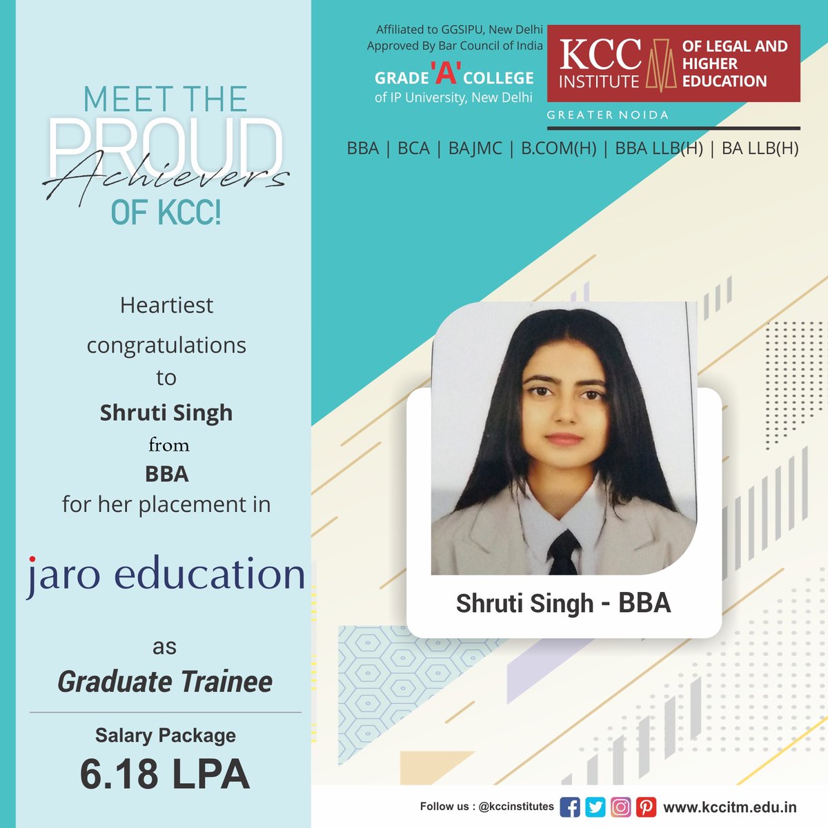 KCCinstitutes's tweet photo. Placement Success Stories at KCC Institutes
Congratulations to Shruti Singh from BBA for getting placed in Jaro Education as Graduate Trainee.
Congratulations on this achievement.
#Placementsuccessstories #Placementstories #kcc #kccinstitutes #kcciilhe #kccitm #ggsipu https://t.co/56zM6jBFbH