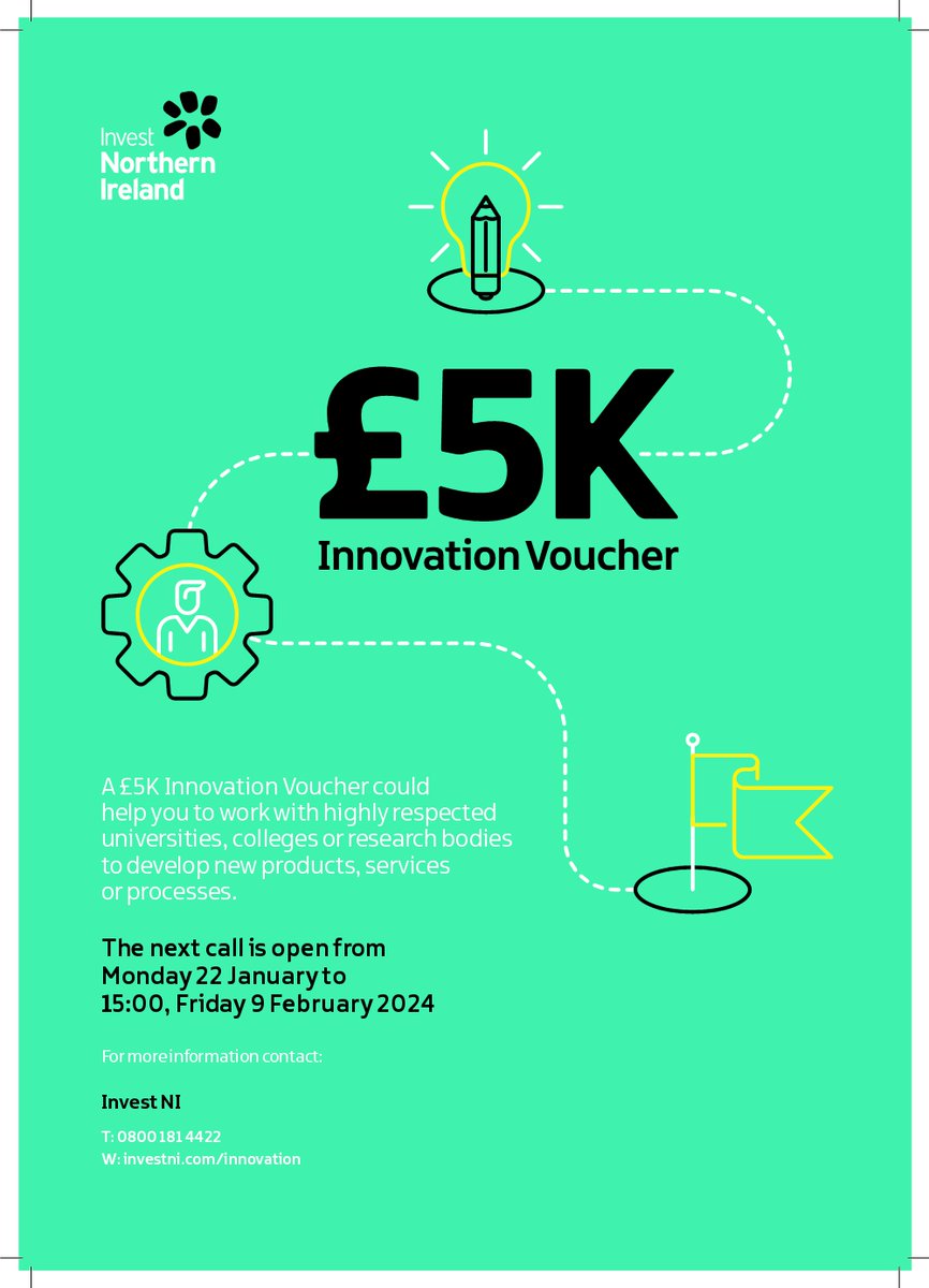Applications now being accepted by @InvestNI for a £5k Innovation Voucher bit.ly/3HruHJt Contact us: info@c-tric.com as we may be able to help with your #healthcare related idea, product or service. #clinicalresearch #personalisedmedicine @hiranihealth @WesternHSCTrust
