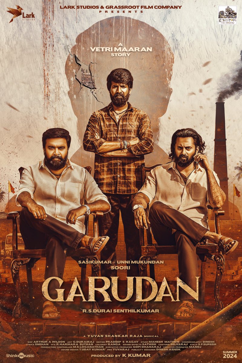 Soar above the ordinary. The #Garudan first look poster is here to lift your spirits.🦅💫 Hitting theaters soon!🔥 Starring: @sooriofficial @SasikumarDir @Iamunnimukundan Written and Directed by #RSDuraiSenthilKumar A #VetriMaaran story An @thisisysr musical @RevathySharma2