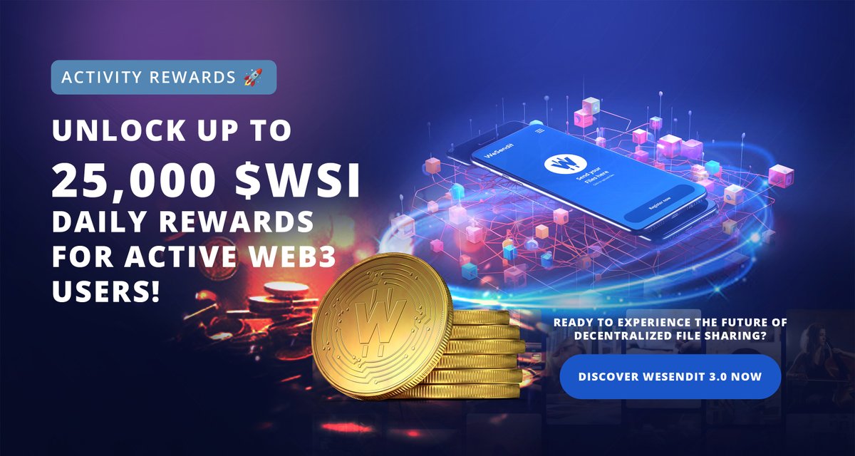 WeSendit's tweet photo. 🚀 Exciting News! Since the launch of WeSendit 3.0, we've distributed  over 500,000 $WSI to our Web3 users. Join the $WSI Family today, securely send your data, and claim up to 25,000 WSI daily! Don't miss out, start sending files to unlock your rewards now: https://t.co/c9Yqzs3Qoh 

🔒💻 #AcitivityRewards #Web3 #WeSendit #sendfiles #DecentralizedFuture