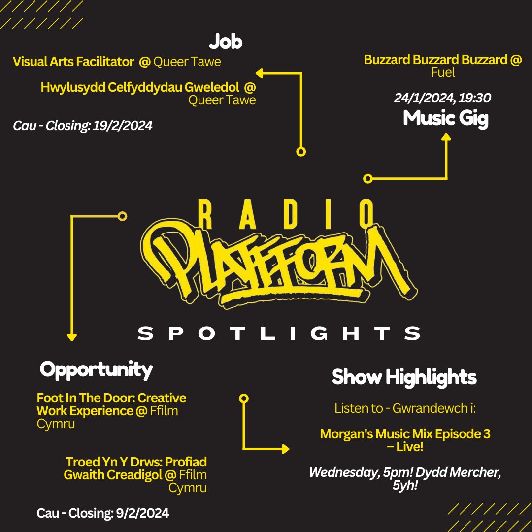 🔥💡 Radio Platfform Spotlights 💡🔥 This week's handpicked selection of the finest jobs, opportunities, gigs and RP shows: 1. Swydd/Job arts.wales/news-jobs-oppo… 2. Gig fuelrockclub.co.uk/buzzard-buzzar… 3. Cyfle/Opportunity arts.wales/news-jobs-oppo… 4. Sioe/Show player.broadcastradio.com/wales-millenni…