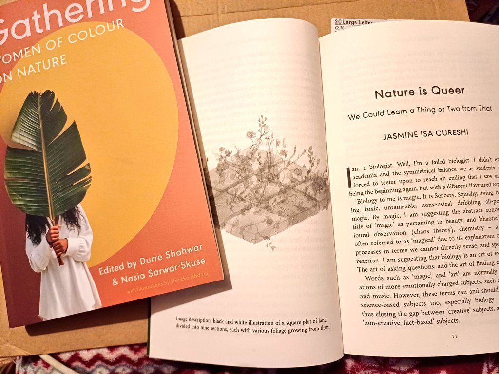 The book I'm published in ARRIVED! Gathering: Women Of Colour On Nature, with my piece - Nature Is Queer 🌿🤎🥰 it looks so beautiful and I LOVE the illustrations 🦋 @404Ink @Durre_Shahwar @NasiaSkuse