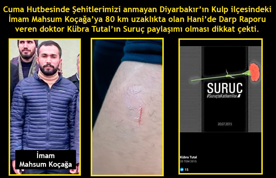 💥BÜTÜN DETAYLAR ORTAYA ÇIKTI!

Cuma Hutbesinde Şehitlerimizi anmayan Diyarbakır’ın Kulp ilçesindeki İmam Mahsum Koçağa’ya 80 km uzaklıkta olan Hani’de Darp Raporu veren doktor Kübra Tutal’ın Suruç paylaşımı olması dikkat çekti.

Söz konusu raporda, küçük bir çiziğin olması ise