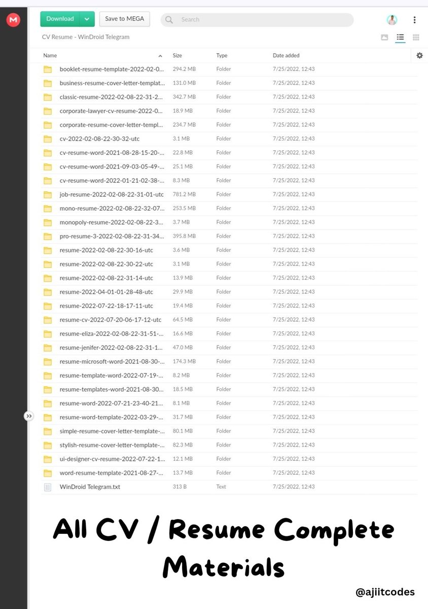 ajitcodes's tweet image. All CV / Resume Complete Materials free😱🔥
Just Free Of Cost!!
Simply:
1. Follow(So that I can DM)
2. Like and Repost 
3. Comment "CV" to receive your copies.