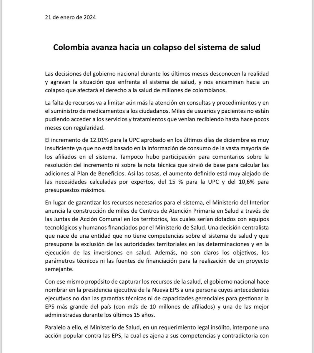agaviriau's tweet photo. Comparto este pronunciamiento de 18 exministros y exviceministros de salud: 
"Colombia avanza hacia un colapso de su sistema de salud". https://t.co/2UPgmq6R6F