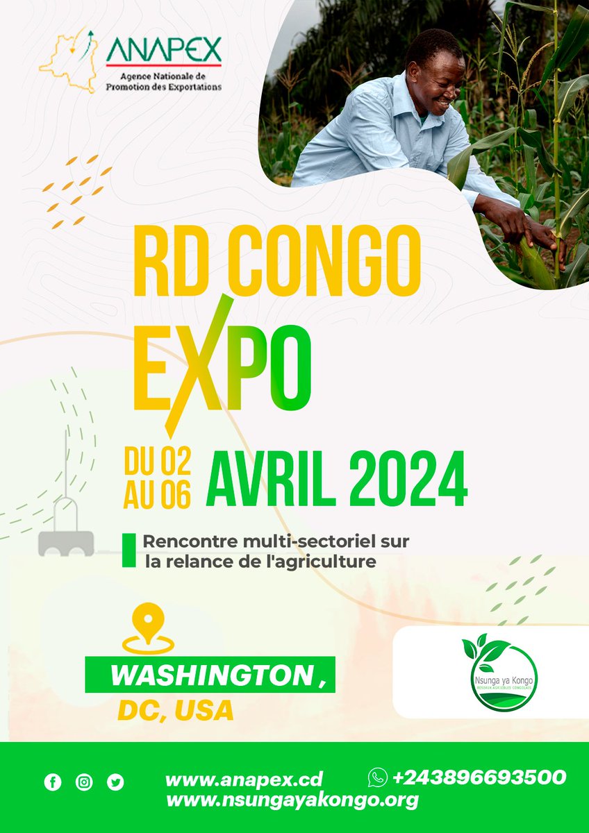 Nsungayakongo's tweet photo. Congo Expo 2024 !  Peu importe le #secteur où vous évoluez, ce grand événement vous concerne. Ensemble avec @AnapexRdc , nous travaillons sans relâche sur cette rencontre inédite qui se tiendra à Washington du 02 au 06 avril 2024. 
https://t.co/rOMQc4W6Cp
https://t.co/SeUTieFdRr https://t.co/xreetRbhWp